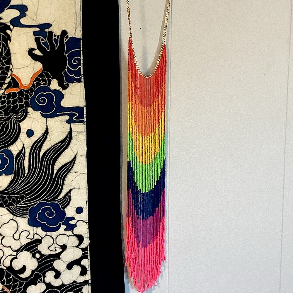 NWT JL Long, Rainbow, Seed Bead Fringe Necklace with a Gold-Tone Chain